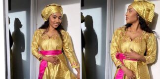 (04 photos) – 1e jour Appel Layènes : Racky Aidara zappe le dress code blanc et s’affiche dans une belle robe jaune